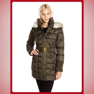 Betsey Johnson Dark Green Puffer Jacket with Faux Fur Hood